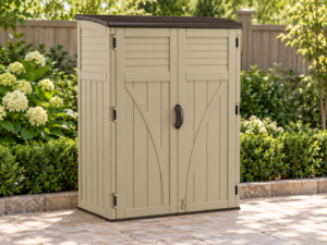 Outdoor storage cabinet on a garden patio