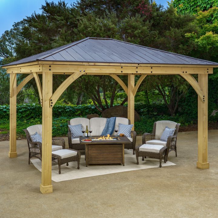 12 x 14 Meridian Gazebo Bundle with Rio Vista 6 Piece Sofa and Fire Table Set