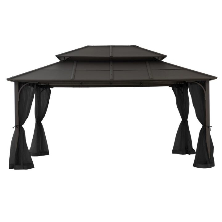 Hard Top Gazebo with Steel Roof and Netting, 12x16 - Brown