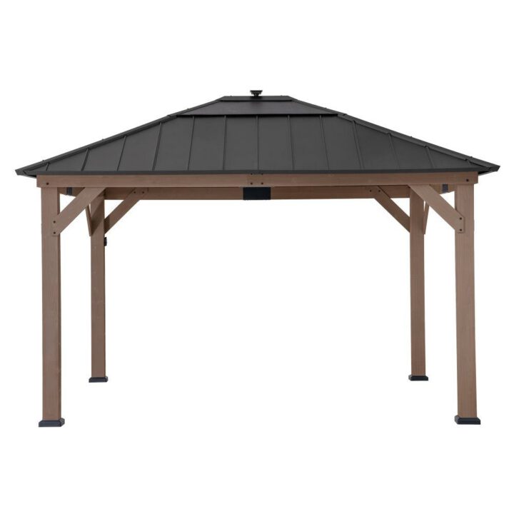 Wooden Gazebo with Solar Panel, LED Lights and Ceiling Hook, 11x13 - Weathered Cedar