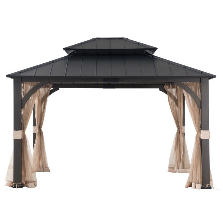 Meridian Woodgrain Tall Metal Gazebo with Netting, 2-Tier Steel Roof 13' × 15'