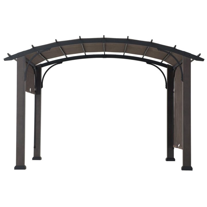 Metal Pergola with Retractable Canopy and Curved Roof, 10x12 - Natural Cedar Finish